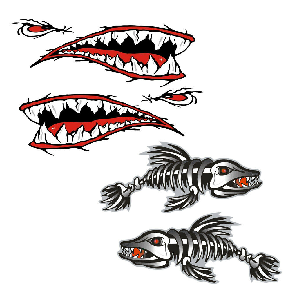 4 Pieces Skeleton Fish Shark Mouth Canoe Kayak Decals Fishing Boat Graphics