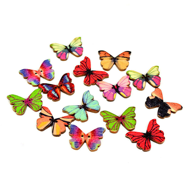 50Pcs Butterfly 2 Holes Wooden Buttons Scrapbooking DIY Craft Wedding Decorat TL