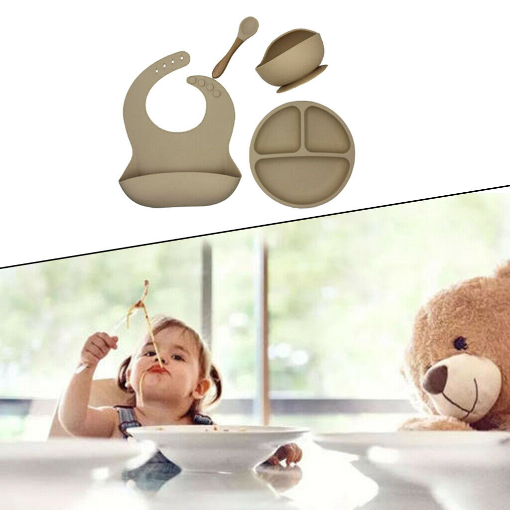 4pcs Silicone Baby Feeding Supplies with Plate Spoons Bib and Bowl Camel