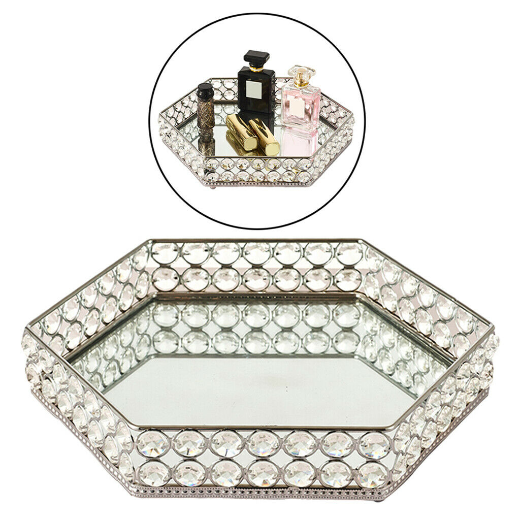 1pc Modern Mirrored Crystal Vanity Tray Ornate Trinket Desktop Decor Plate