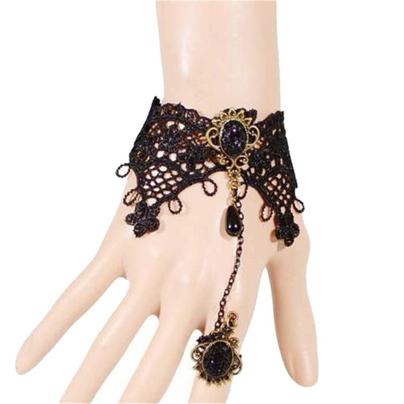 Lady Sexy Black Lace Gothic Ring Wrist Bracelet Bangle Handlace Wrist CollaHFDD