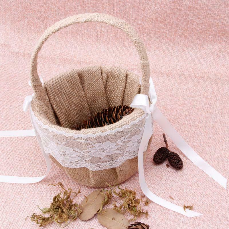 Romantic Bowknot Burlap Satin Wedding Ceremony Party Rose Flower Girl Basket