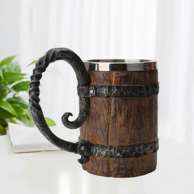 Wooden Barrel Beer Mug,Bucket Shaped Drinkware With Handle,Stainless Steel Doubl