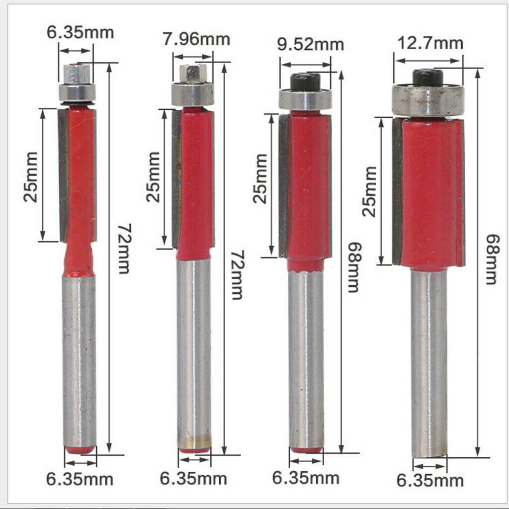 4pcs Flush Trim Router Bit 1/4'' Woodworking