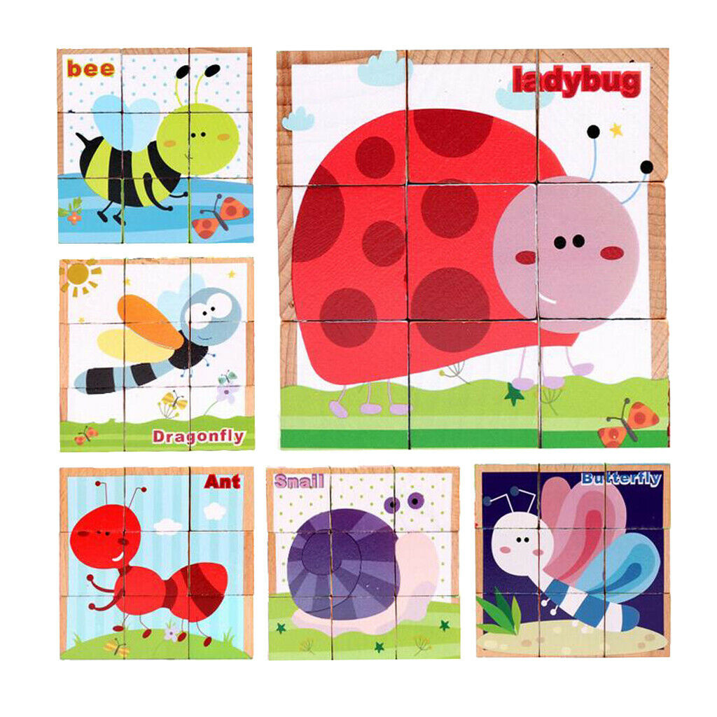 6 in 1 Wooden Animals/Insects Block Puzzle  Blocks Toddler Kids Toys