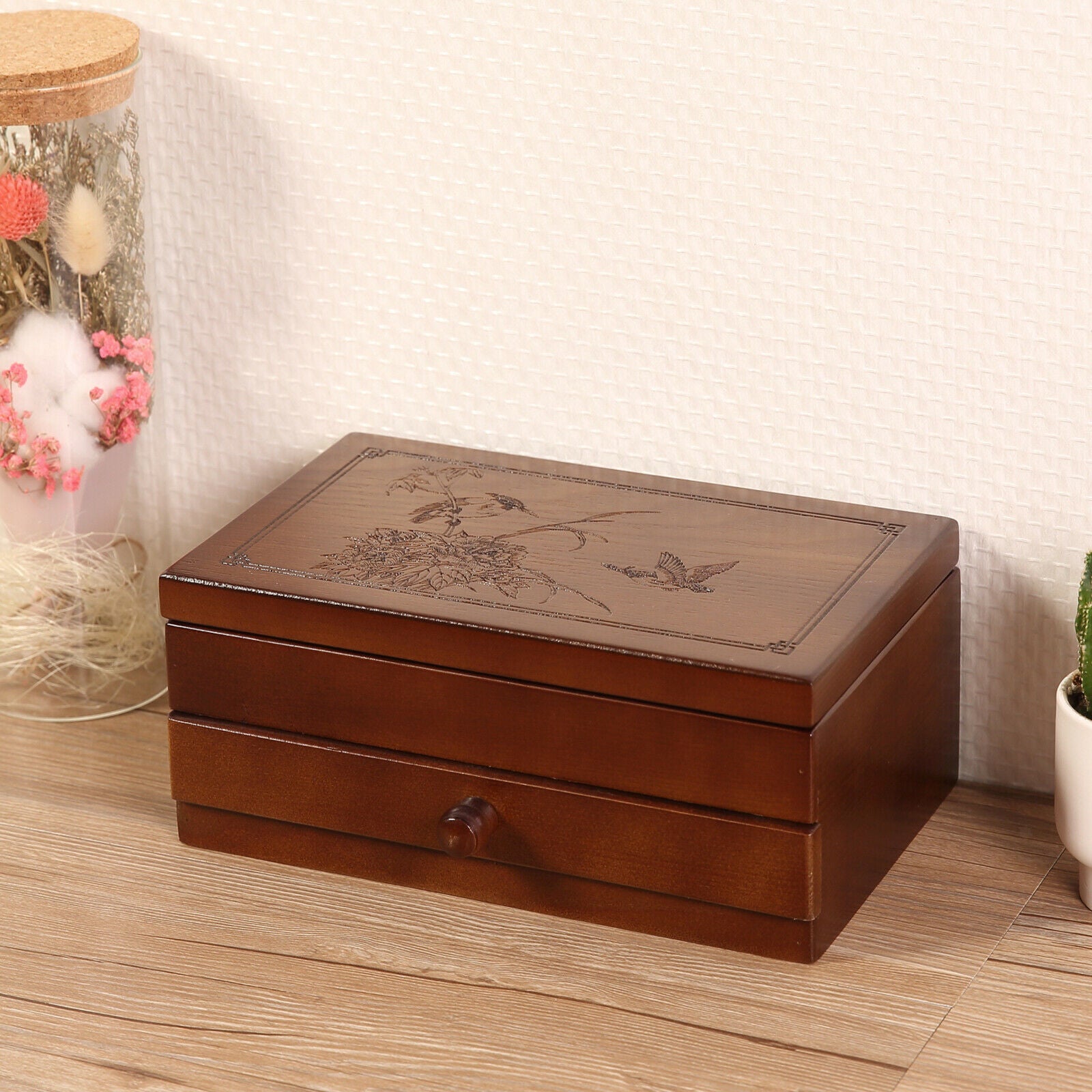 Soft Lining Wooden Jewelry Storage Box for Watches Bracelet Earrings 2 Tier