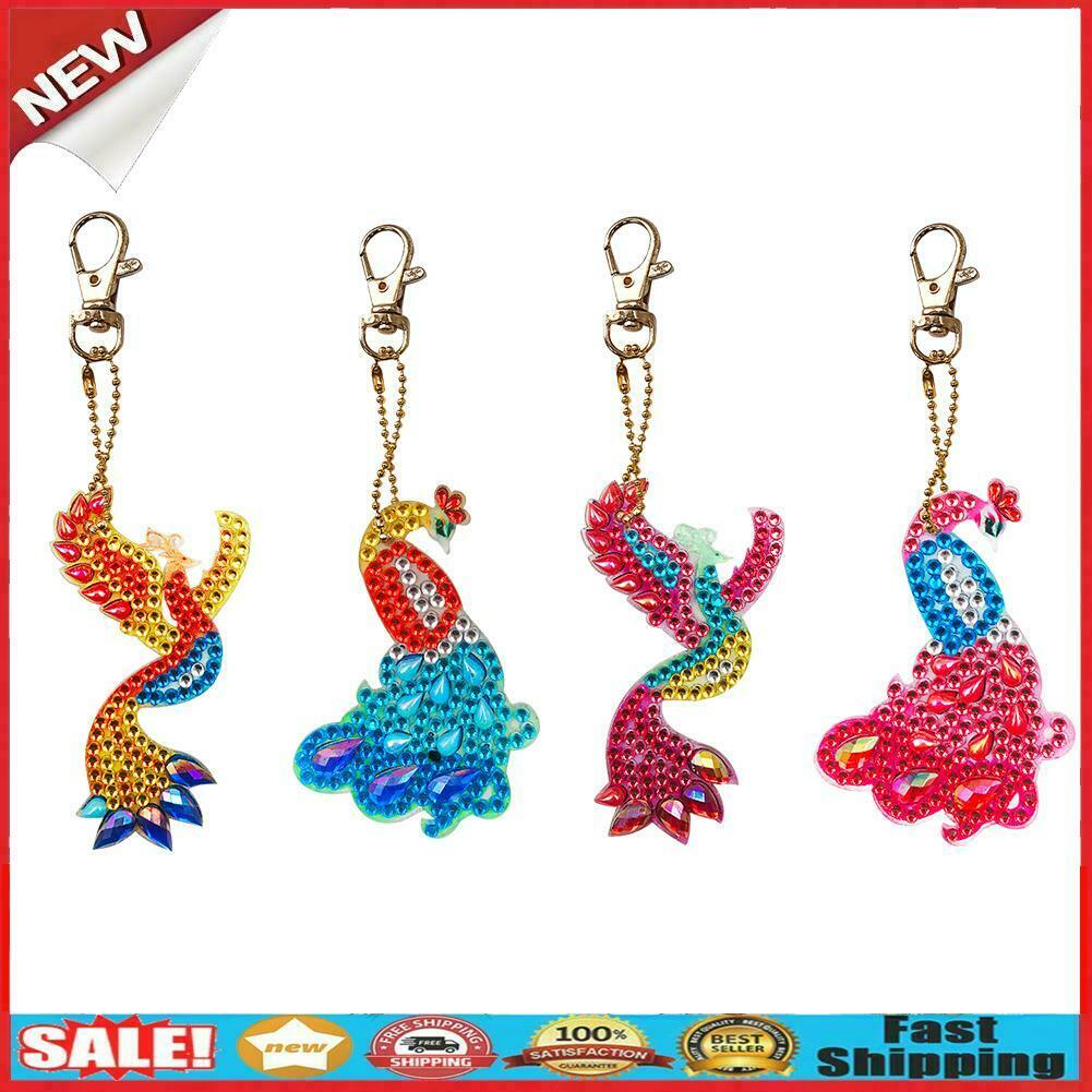 Keyring Full Drill Diamond Key Chain 4pcs DIY Phenix Pendant Embroidery Keyrin @