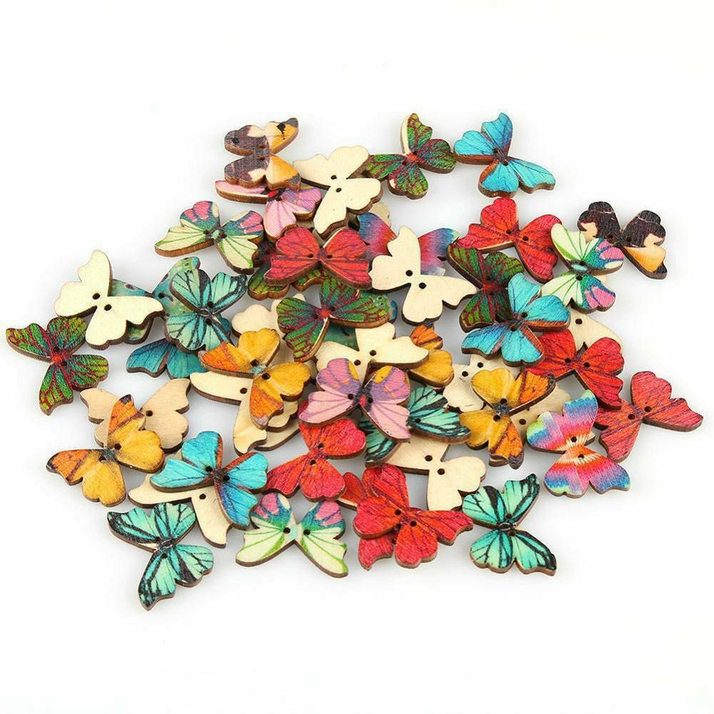 100* DIY 2 Holes Mixed Butterfly Shape Wooden Sewing Mend Scrapbooking Buttons~