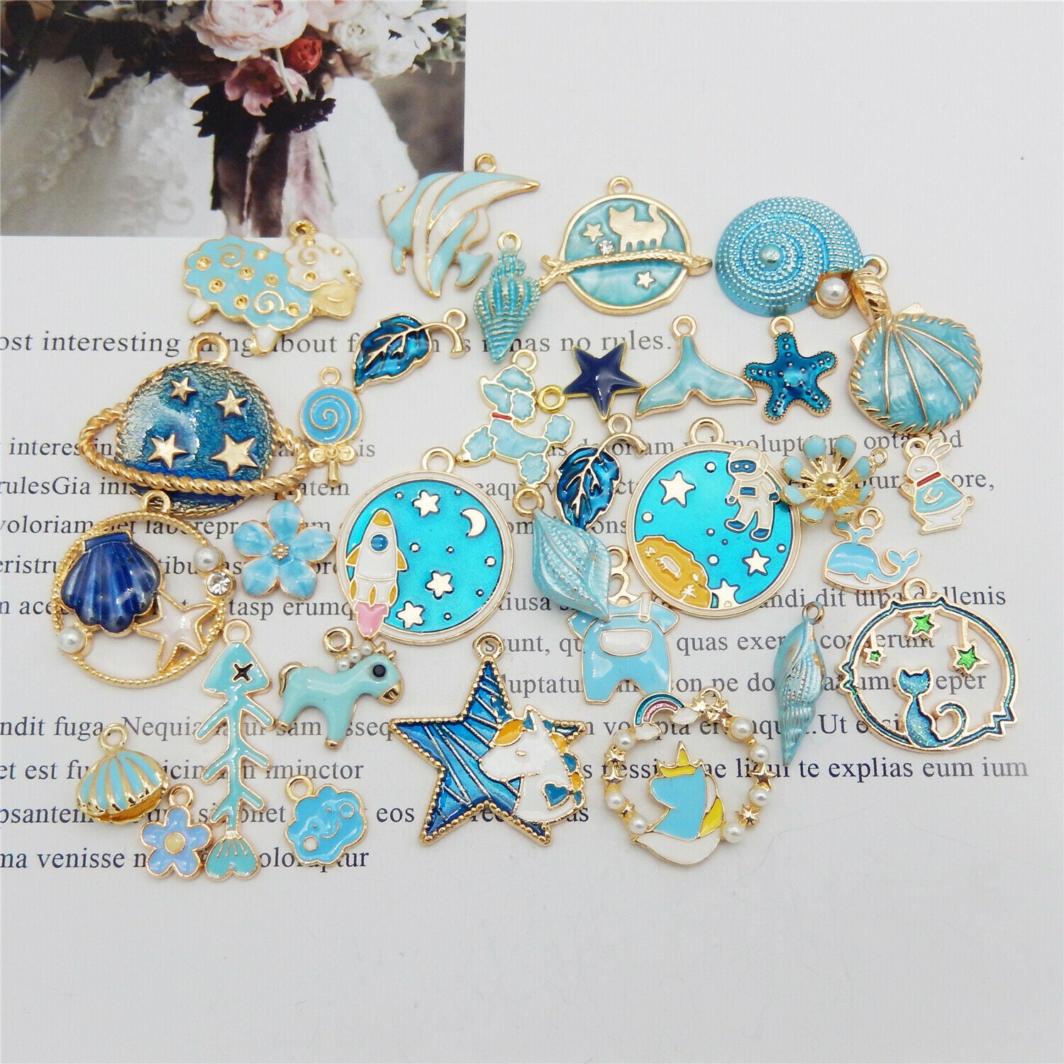 10 Mix Lot Blue Enamel Charm Alloy For Jewelry Making Pendant Findings DIY 1-3cm