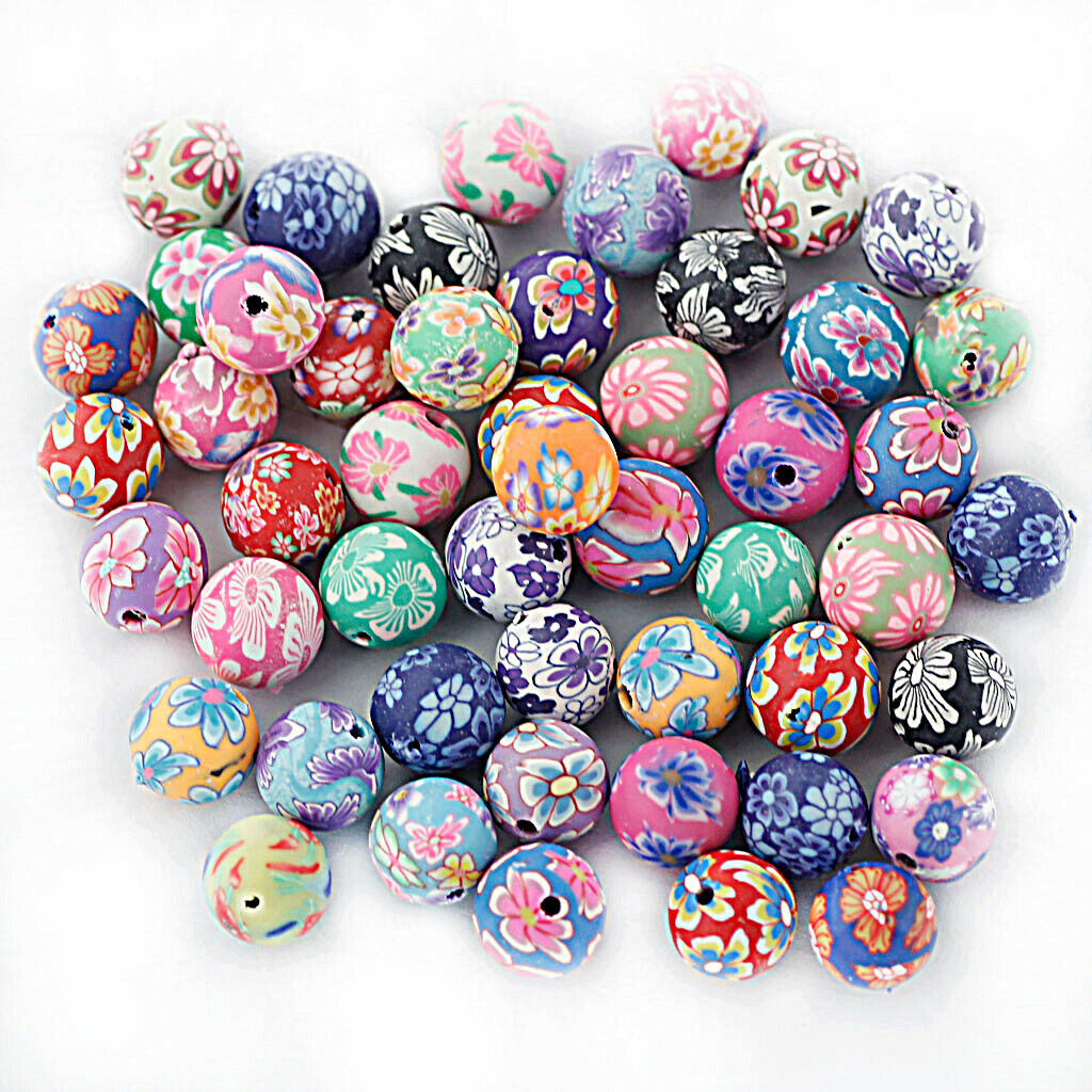 50PCS Assorted Floral Polymer Clay Round Beads for Jewelry Bracelets Making