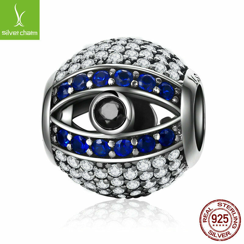European 925 Sterling Blue Eye of God Zircon CZ Round bead solid charm for women