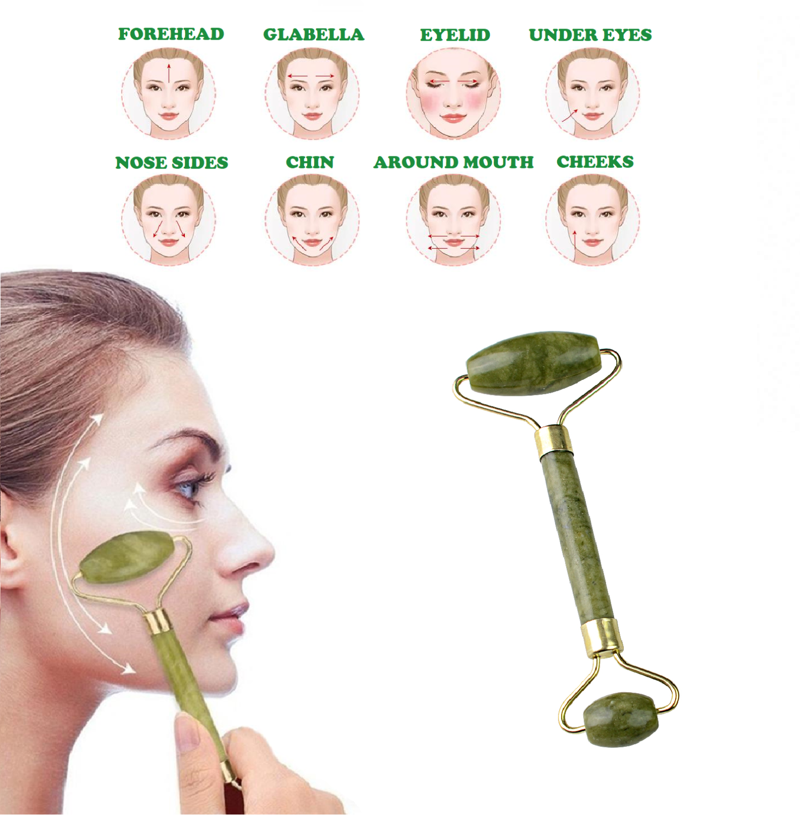 Face Facial Roller Massager + Gua Sha Board Set 100% Natural Jade Stone Crystal