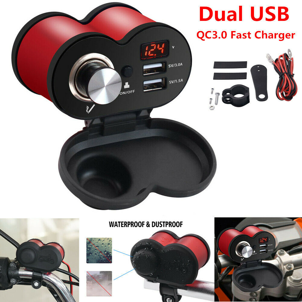 QC3.0 Motorcycle Bike Cigarette Lighter Socket Dual USB Charger Switch Voltmeter