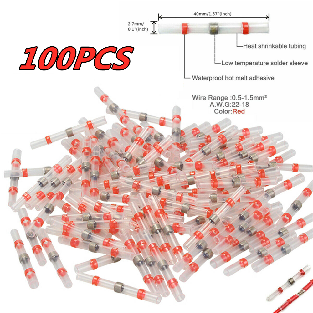 100Pcs Heat Shrink Solder Seal Wire Red Connectors Terminals 22-18Gauge AWG GA