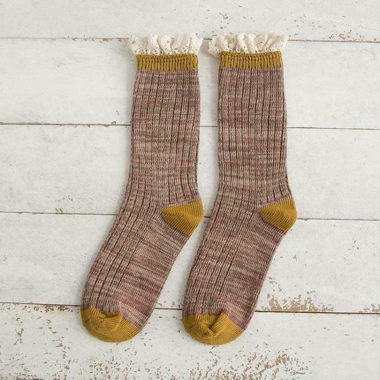 3 Pairs Women's Socks Cotton Blend Lace Ruffle Two Tones Knit Socks Thick Winter