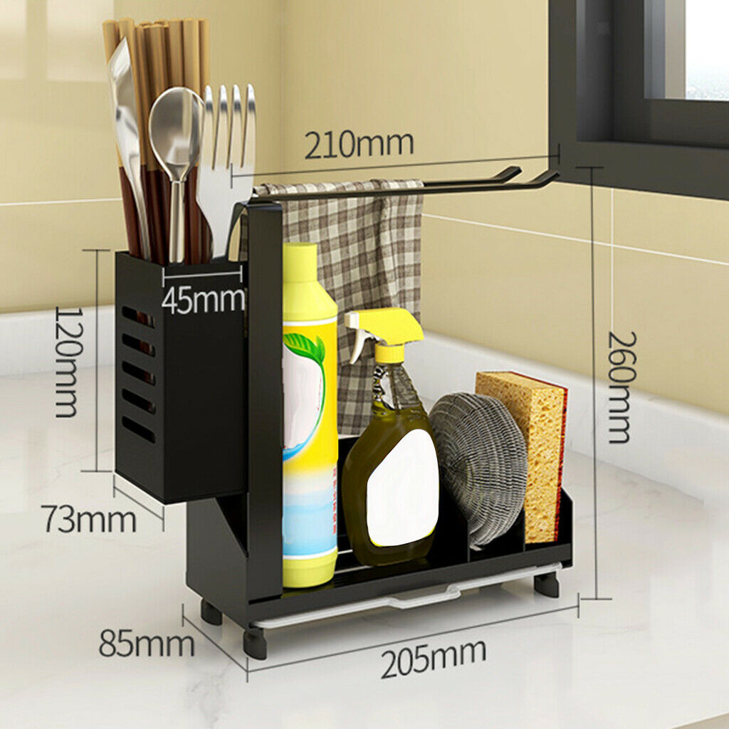 Kitchen Sink Caddy Organizer Sponge Holder for Brush with Rag Rack Black
