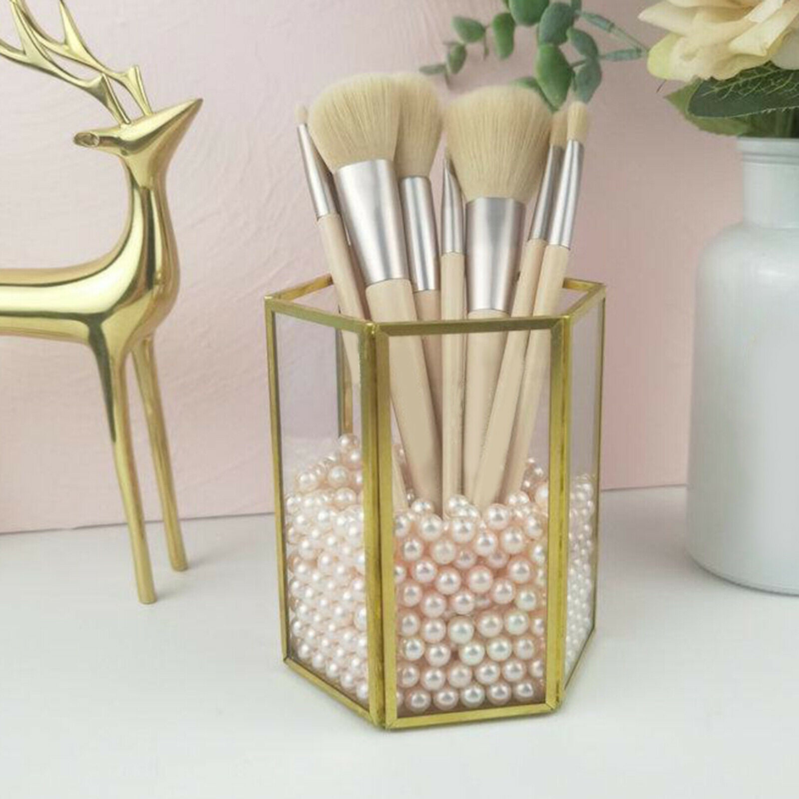 Makeup Organiser Glass Makeup Brushes Holder w/ Golden Trim for Dressing Tabloe