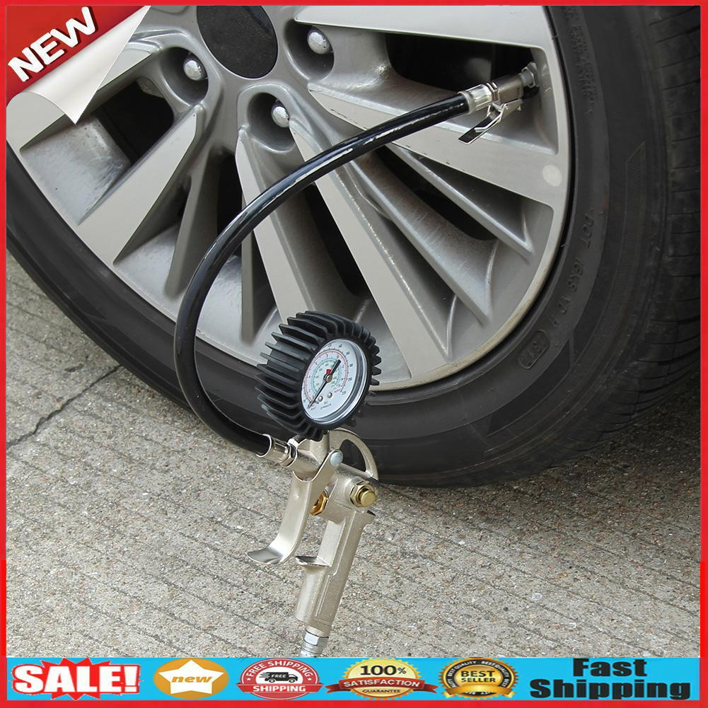 Lock On Chuck Flexible Hose Tire Inflator with Air Pressure Gauge Pistol @