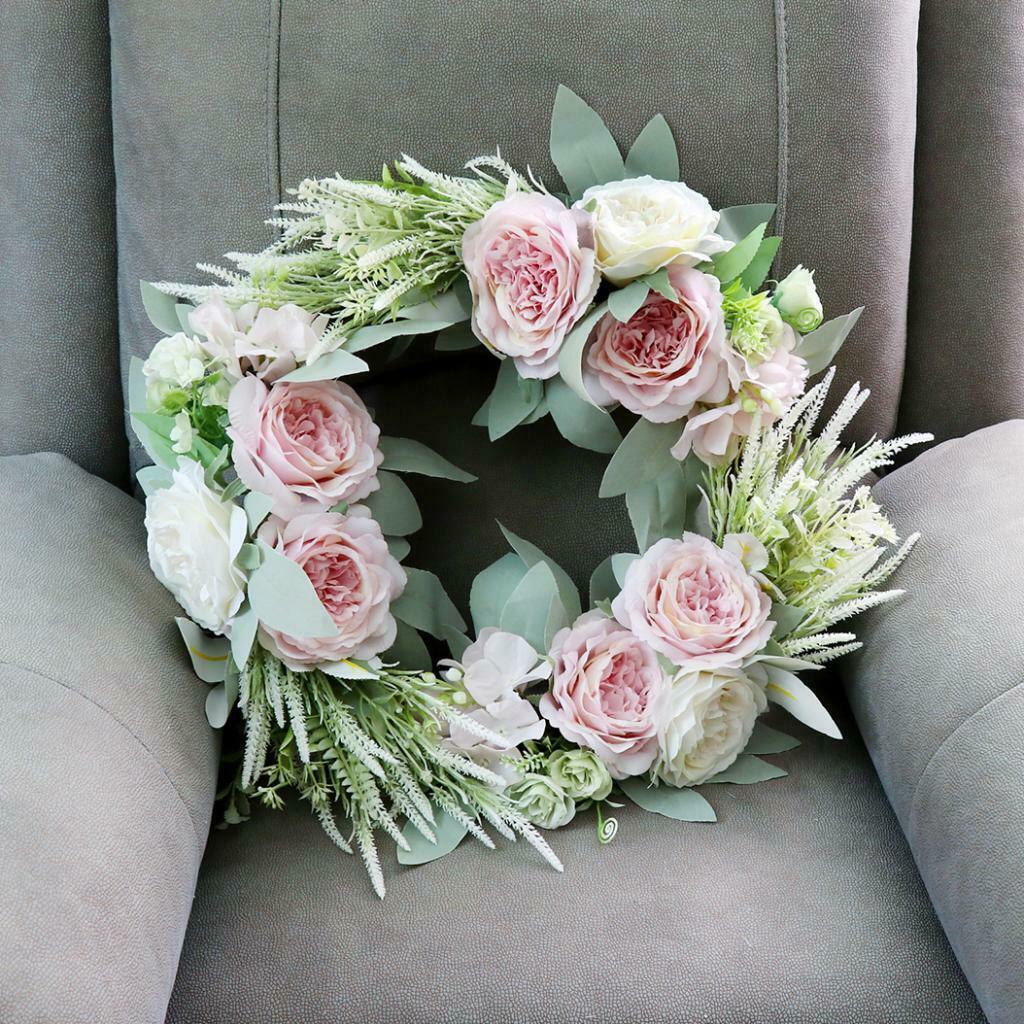Artificial Flower Front Door Wall Wreath Garland Rose Wreath 45cm Pink
