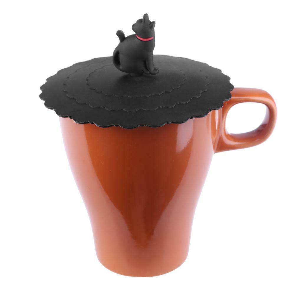 Silicone Cup Lid Heat Resistant Leakproof Reusable Sealed Cover (Black Cat) A#S