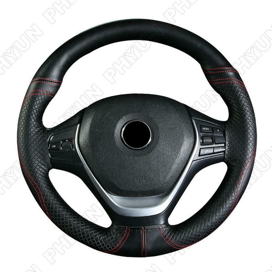 38cm Universal Car Steering Wheel Cover Black Cowhide Leather Red Line DIY Sew