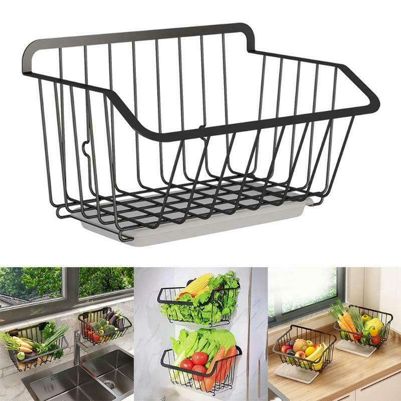 Kitchen Wall Hanging Storage Basket Fruit Vegetable Spice Rack with Drain Shelf