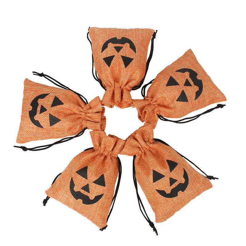 5Pcs 9*12cm Halloween Drawstring Burlap Jute Bags Pumpkin Candy Storage B EA Ad
