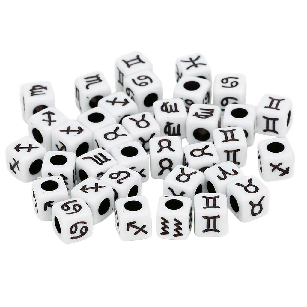 100x Black Acrylic Cube Beads with Zodiac Designs DIY Jewelry Charm