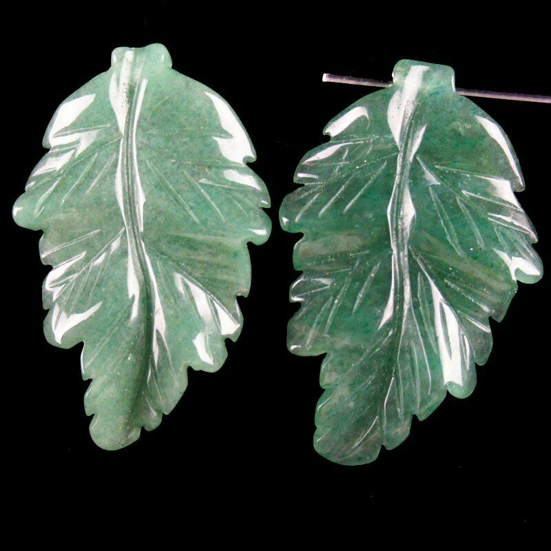 2Pcs 12g Carved Green Aventurine Leaf Pendant Bead 40x25x5mm A-486DP
