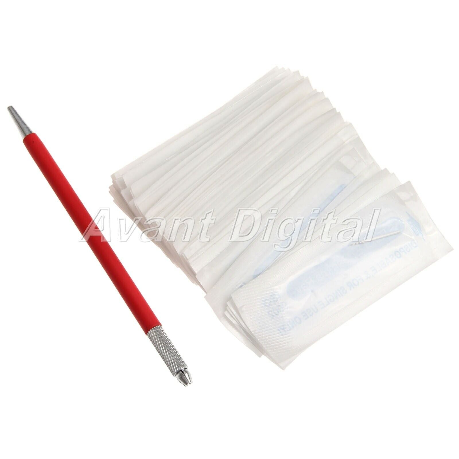 1Pc Durable Manual Tattoo Tool Microblading Pen Red & 50Pcs Eyebrow Needles
