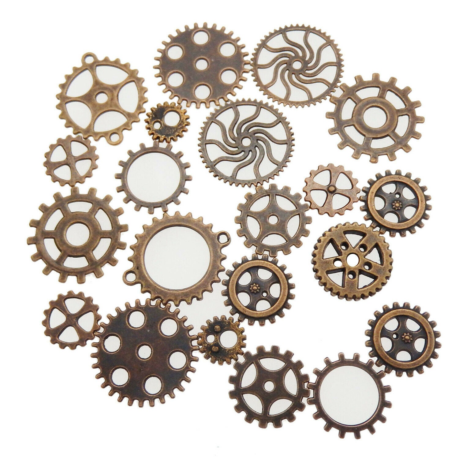 35pcs Copper Tone Charms Alloy Metal Round Wheel Gear Pendants Connector Crafts
