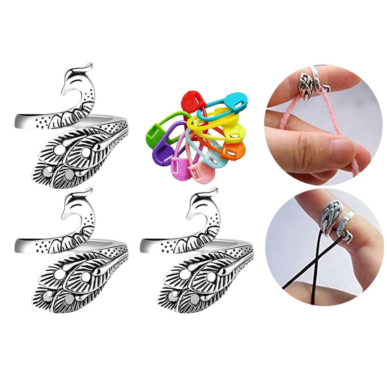 Set of 3 Crochet Ring Kit w/ 50 Stitch Marker Peacock Open Finger Ring