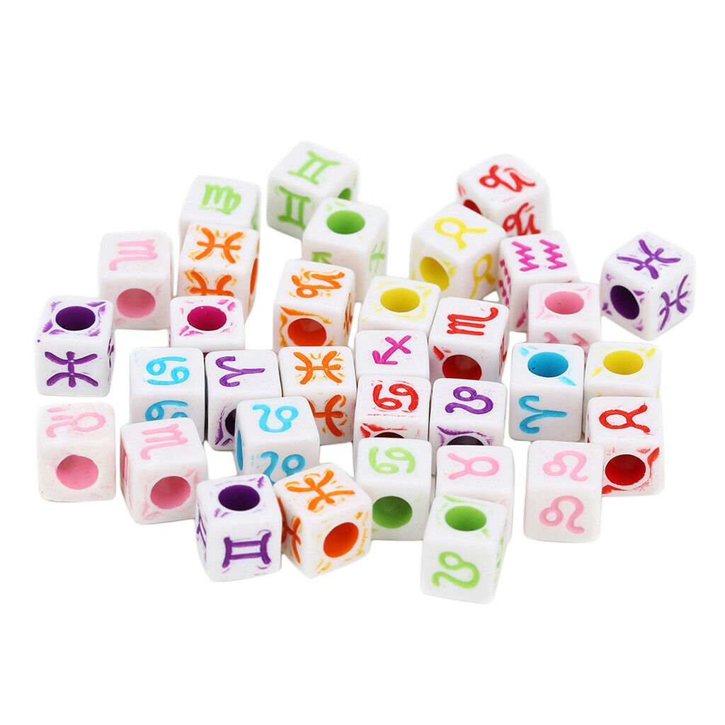 100x Colored Acrylic Cube Beads with Zodiac Designs DIY Jewelry Charm