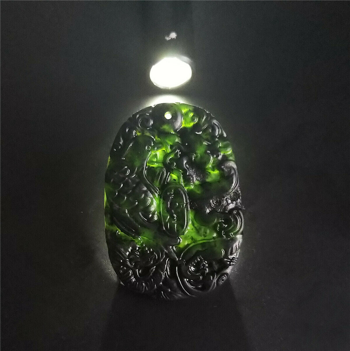 Chinese Black Green Jade Hand Carved Dragon Phoenix Pendant Lucky Amulet Gifts