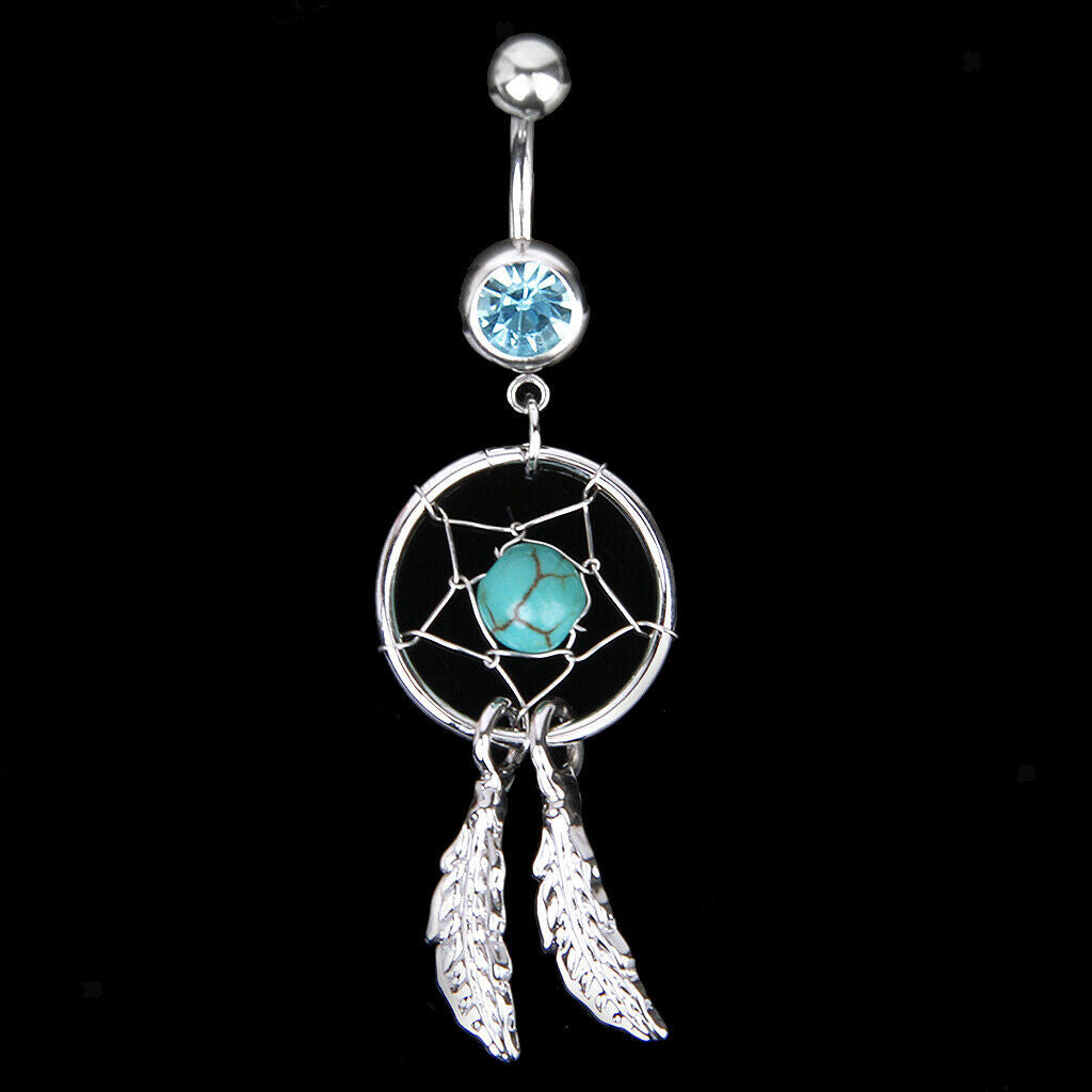 14G Stainless Steel Barbell Crystal Dream Catcher Dangle Navel Belly Ring Bar