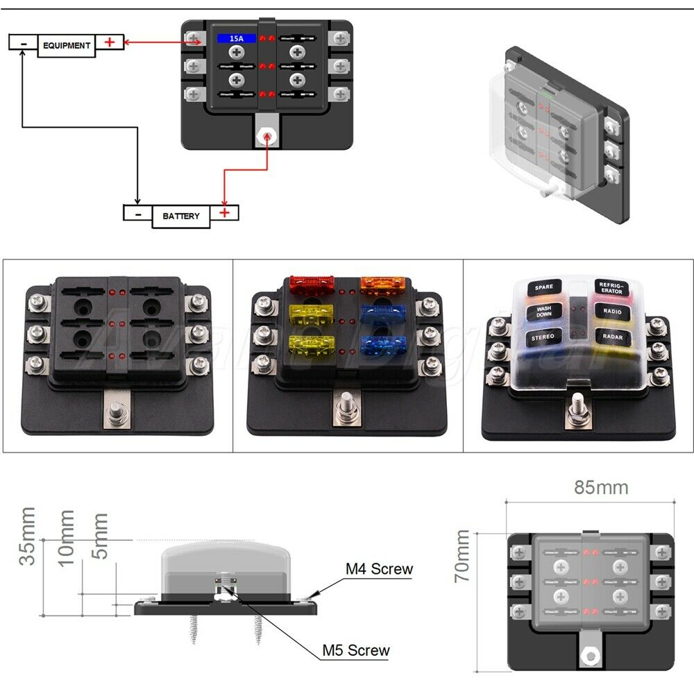 6 Way Blade Fuse Box Holder 12V/32V Fuse Box Kit with Cover &LED Indicator Light