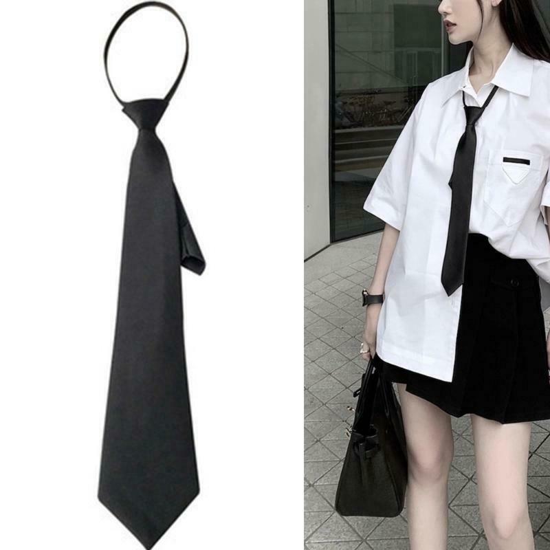 Unisex Solid Color Black Narror Pre-Tied Neck Tie with Adjustable Lazy Zipper