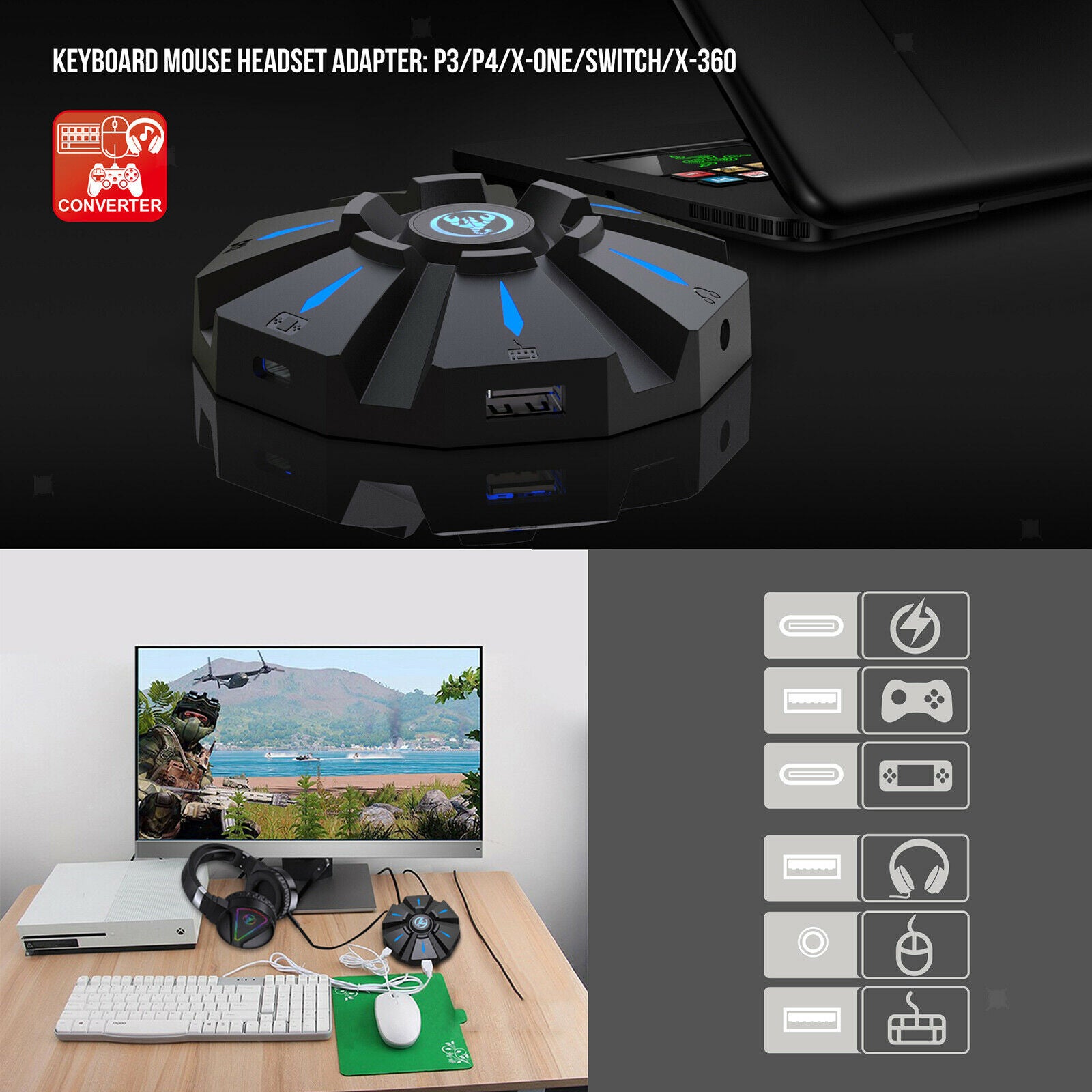 Keyboard Mouse Console Adapter Converter Support Headset Portable Type C