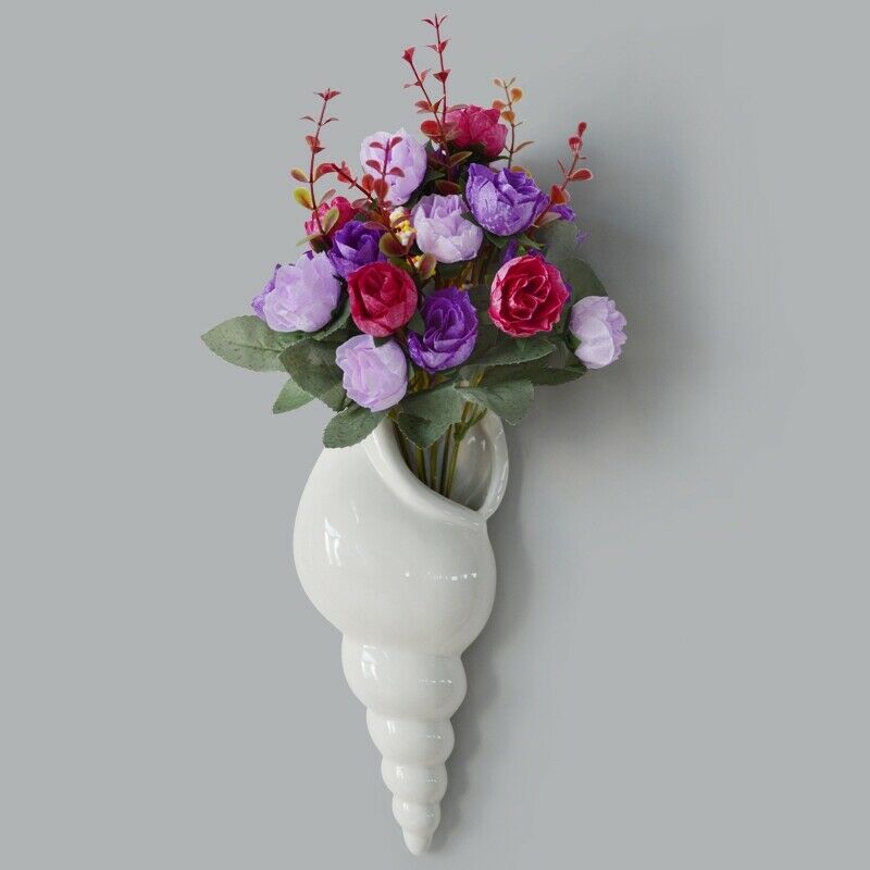 Modern White Ceramic Sea Shell Conch Flower Vase Wall Hanging Home Decor LivinB7