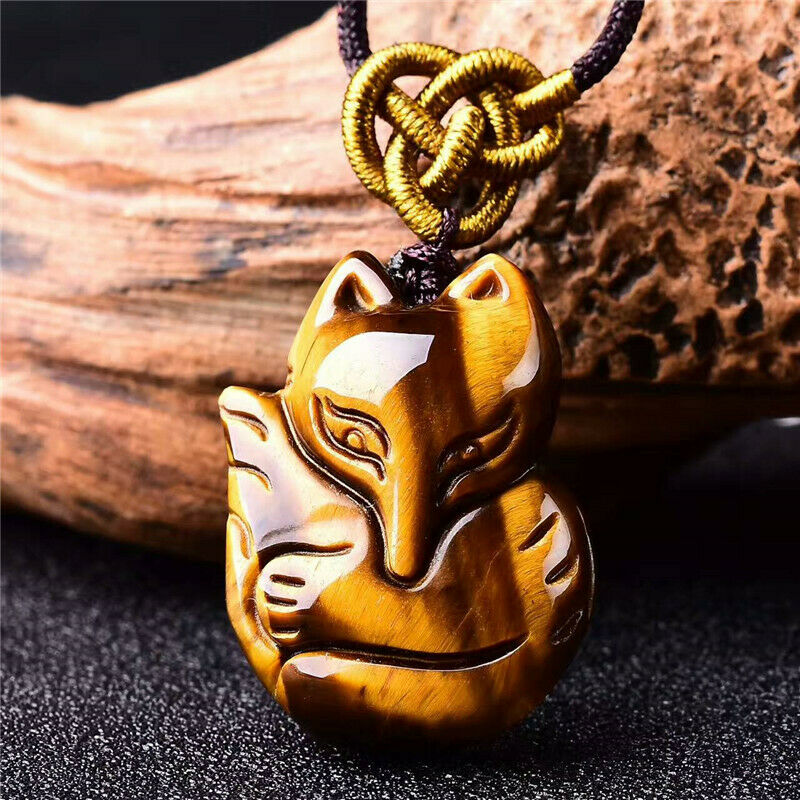 100% natural A cargo tiger eye stone carving nine tail fox jade pendant AAA