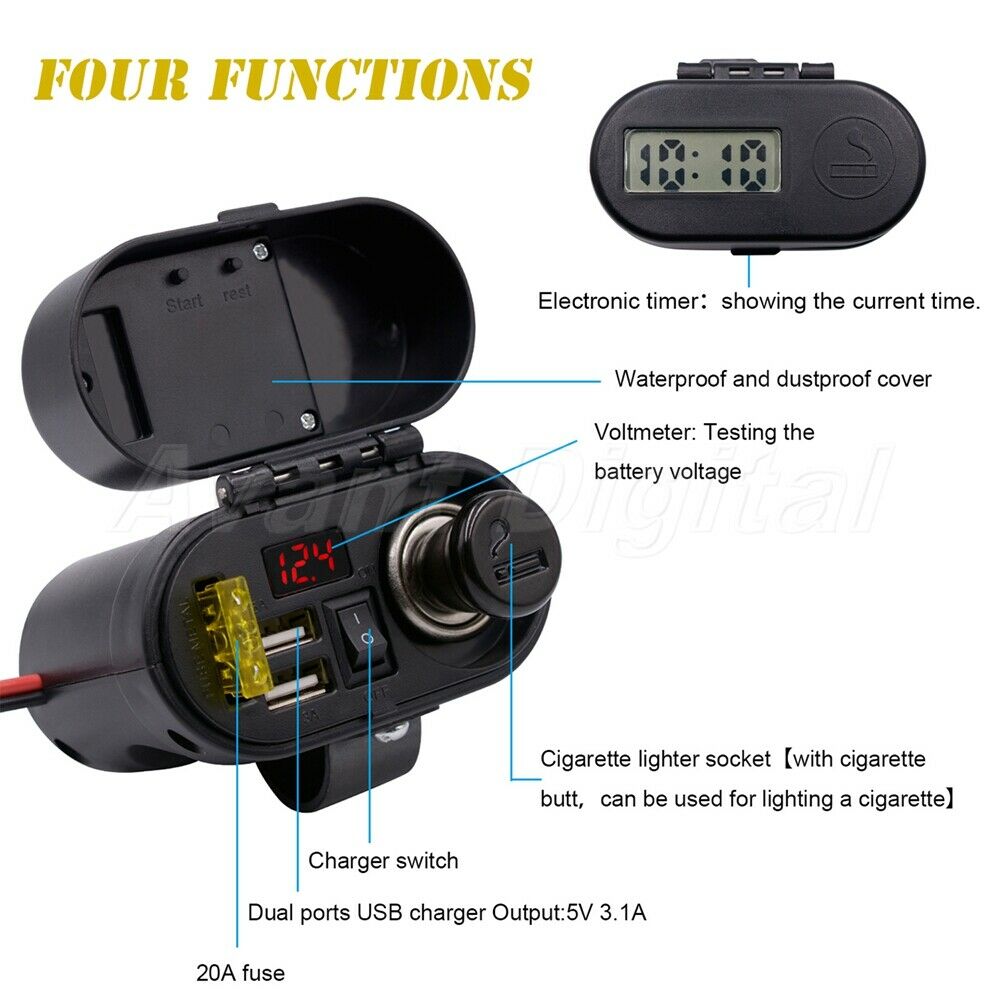 Motorcycle Cigarette Lighter Dual USB Charger Voltmeter Digital Clock Waterproof
