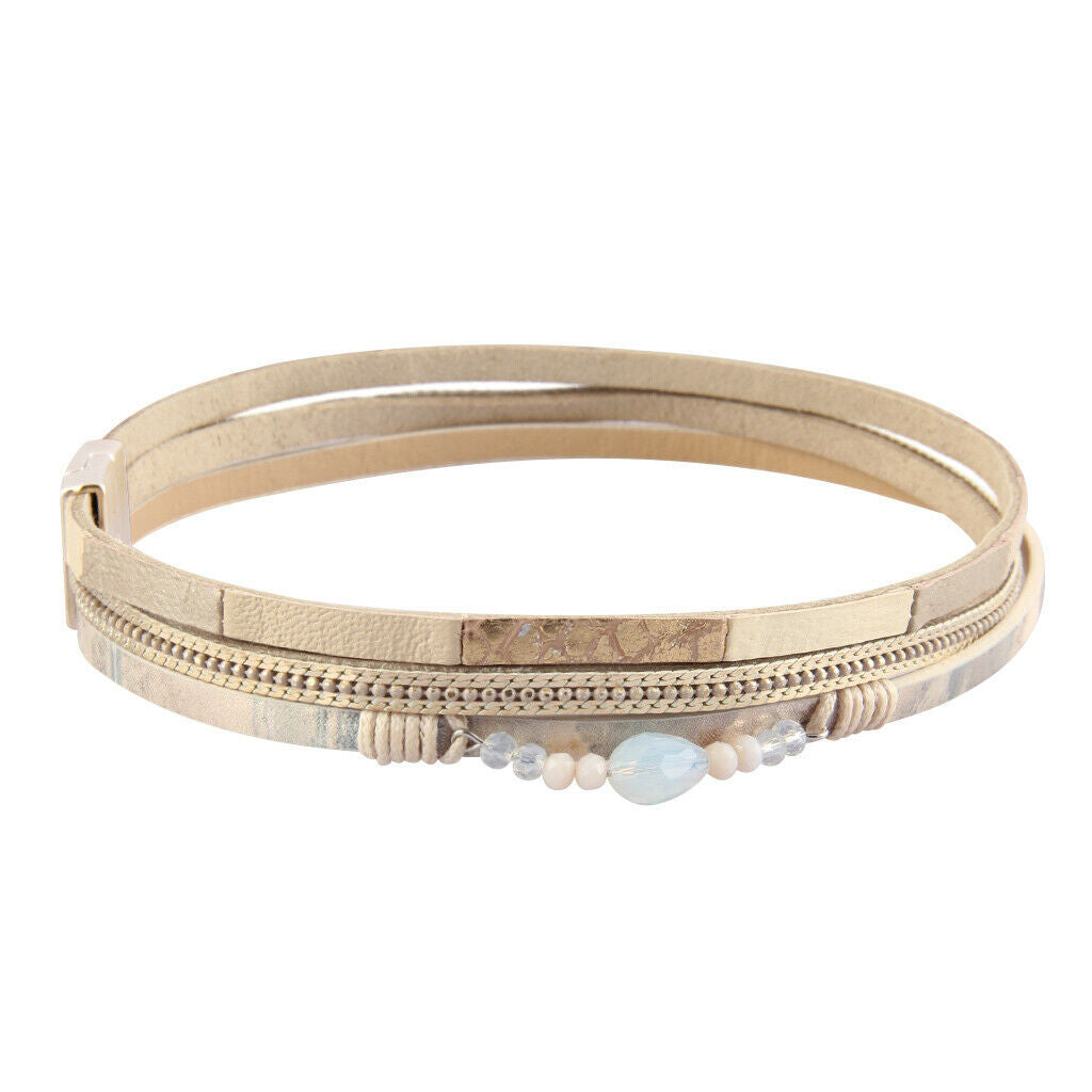 Boho Multi-layer PU Leather Bracelet Bangle Cuff with Rhinestone Light Brown