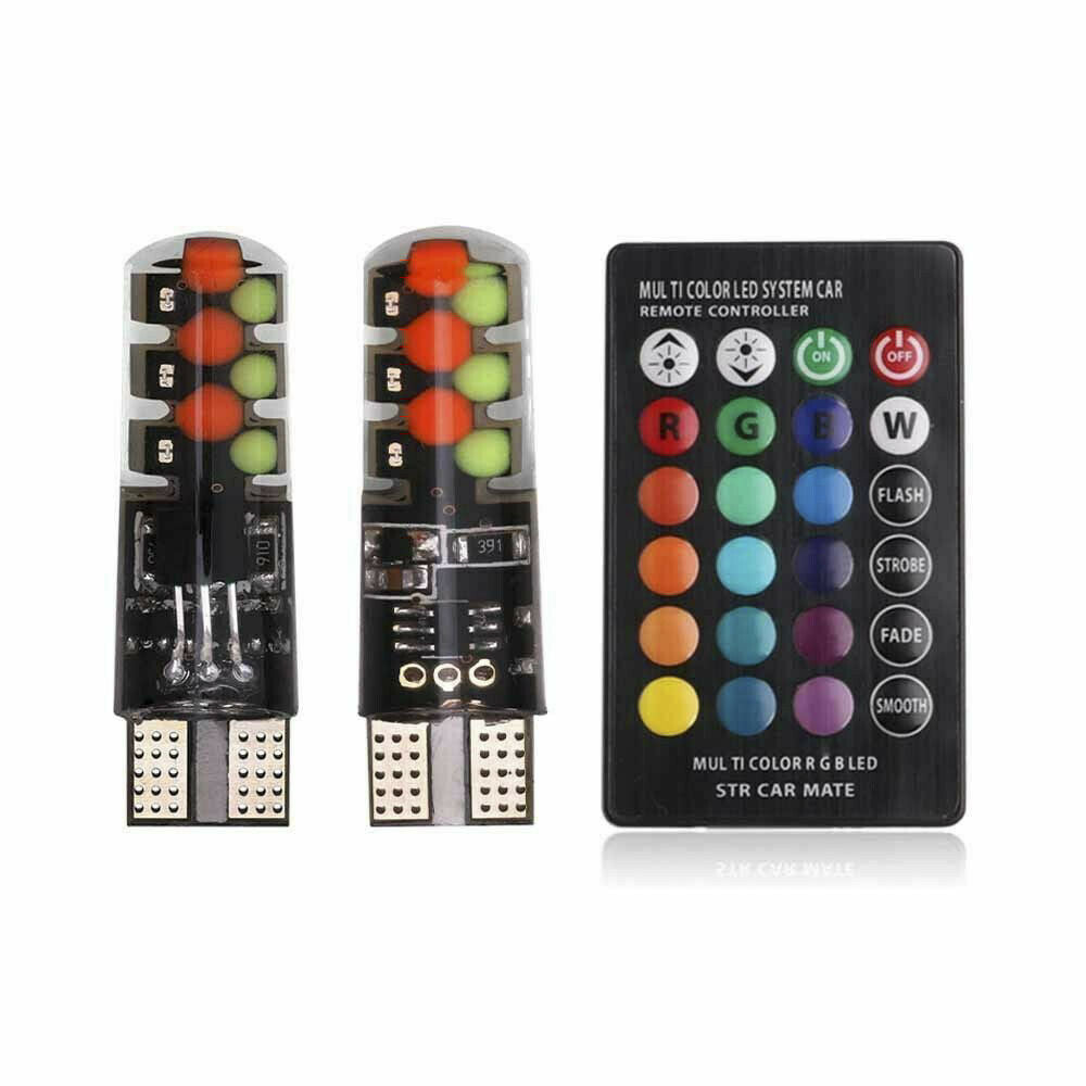 2* 5050 6SMD RGB T10 LED Car Wedge Side Light Reading Lamp Bulb + Remote Control