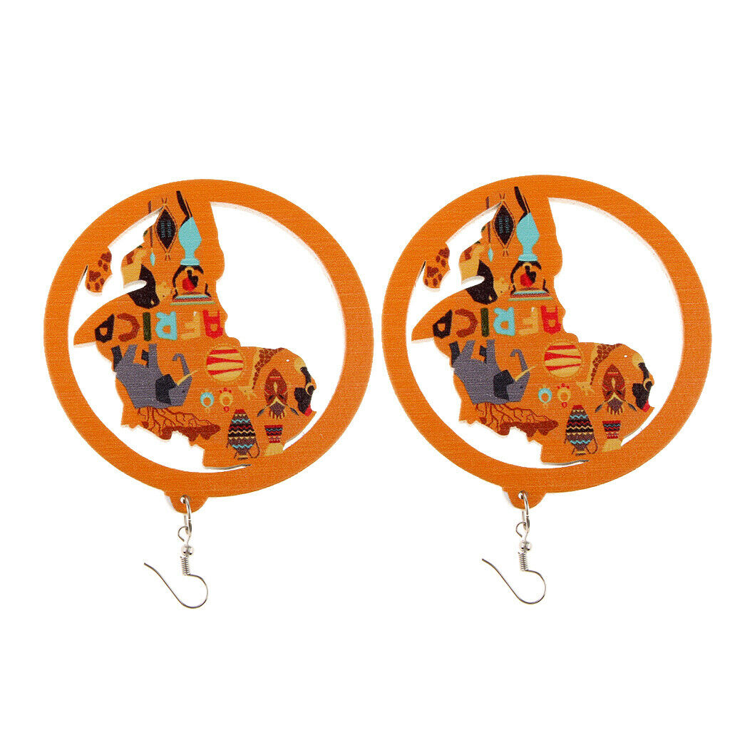 Wooden Dangler African Map Dangle Earrings Exaggerate Round Wood Hollow Hook