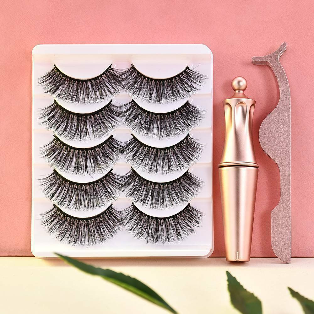 5 Pairs/Set Natural Magnetic False Eyelashes With Liquid Eyeliner Long Lasting !
