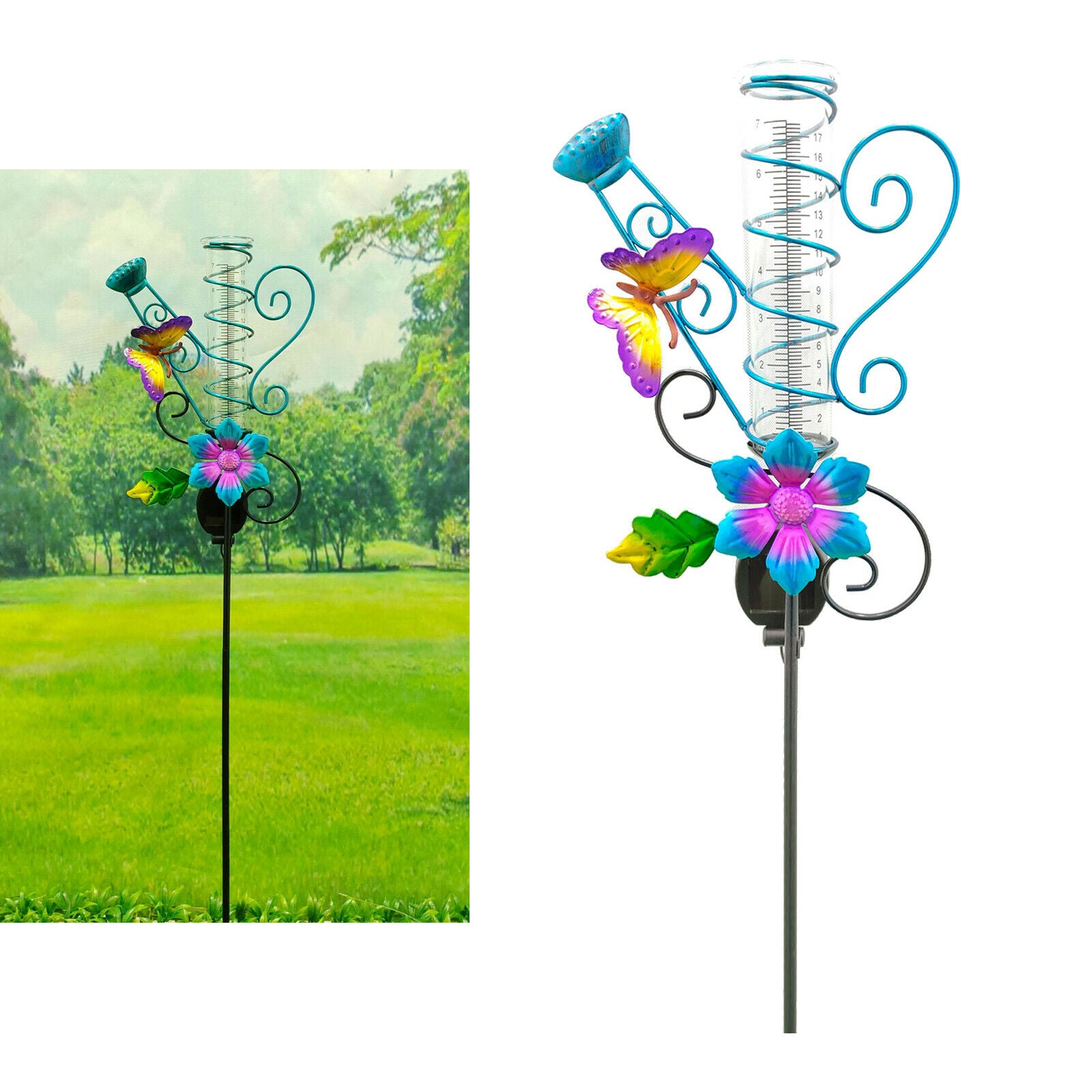 Solar Powered LED Lighted Metal Butterfly Flower Rain Gauge Garden Stakes Light