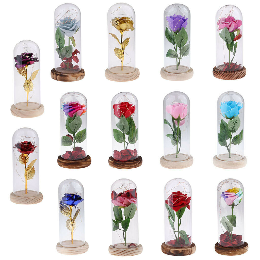 Flower and LED Light in Glass Dome on a Wooden Base Valentine Gift  A