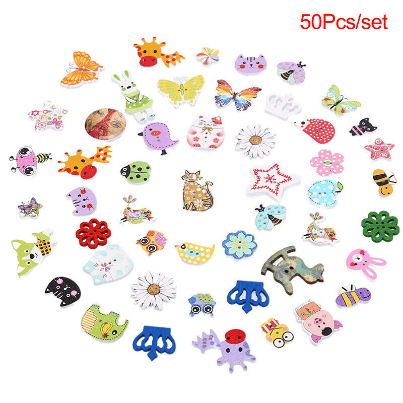 50pcs Mixed Animals Wooden Buttons Scrapbooking Crafts DIY Children Button De_DD