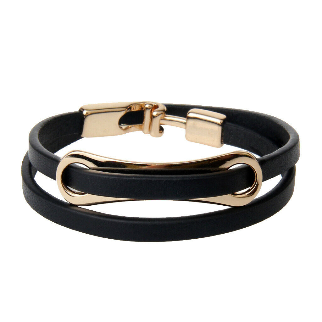 Leather Double Wrap Belt With T Buckle Bracelet Cool Wristband Cuff Black