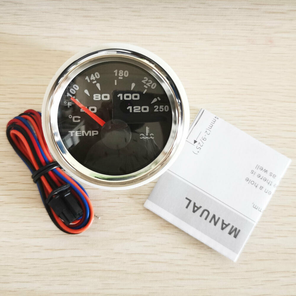 black water temp gauge with sender 100-250F 40-120C 287.4-22.4 ohms 7 colors led
